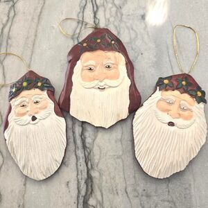 Hand Carved‎ Santa Face Ornaments 3 Christmas Holiday Painted Wood Folk Art
